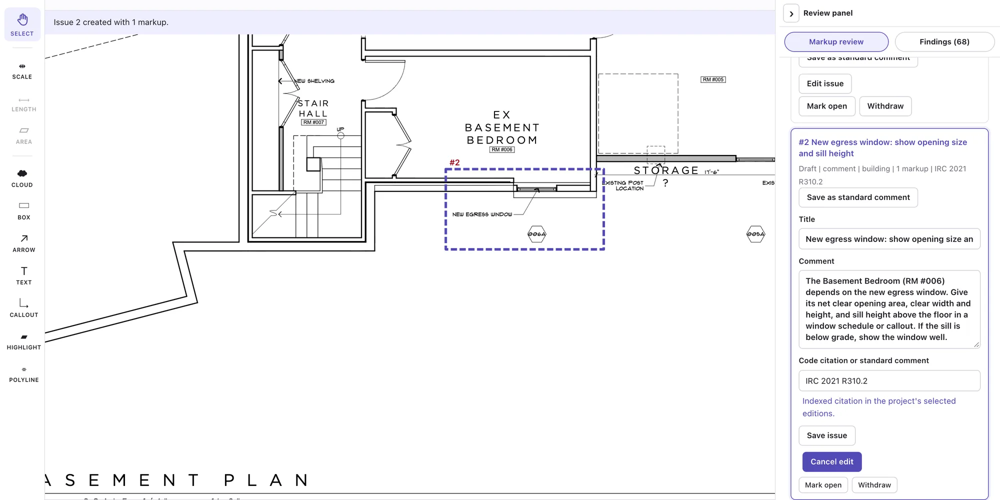 CoExaminer workspace: a basement floor plan with a cloud around a new egress window, and the examiner's comment citing 2021 IRC R310.2.