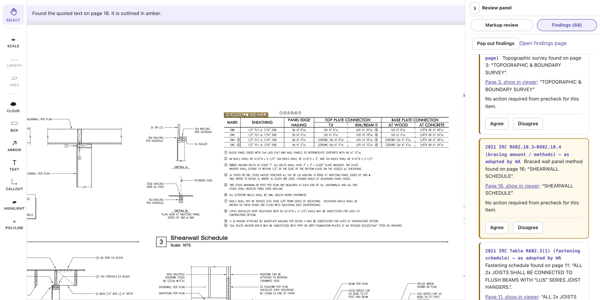 CoExaminer workspace: a structural sheet with the shearwall schedule title outlined in amber, beside the selected finding citing 2021 IRC R602.10.3 to R602.10.4.